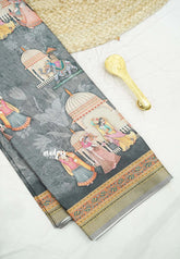 Premium printed silk mugal painting prints peacock - Grey